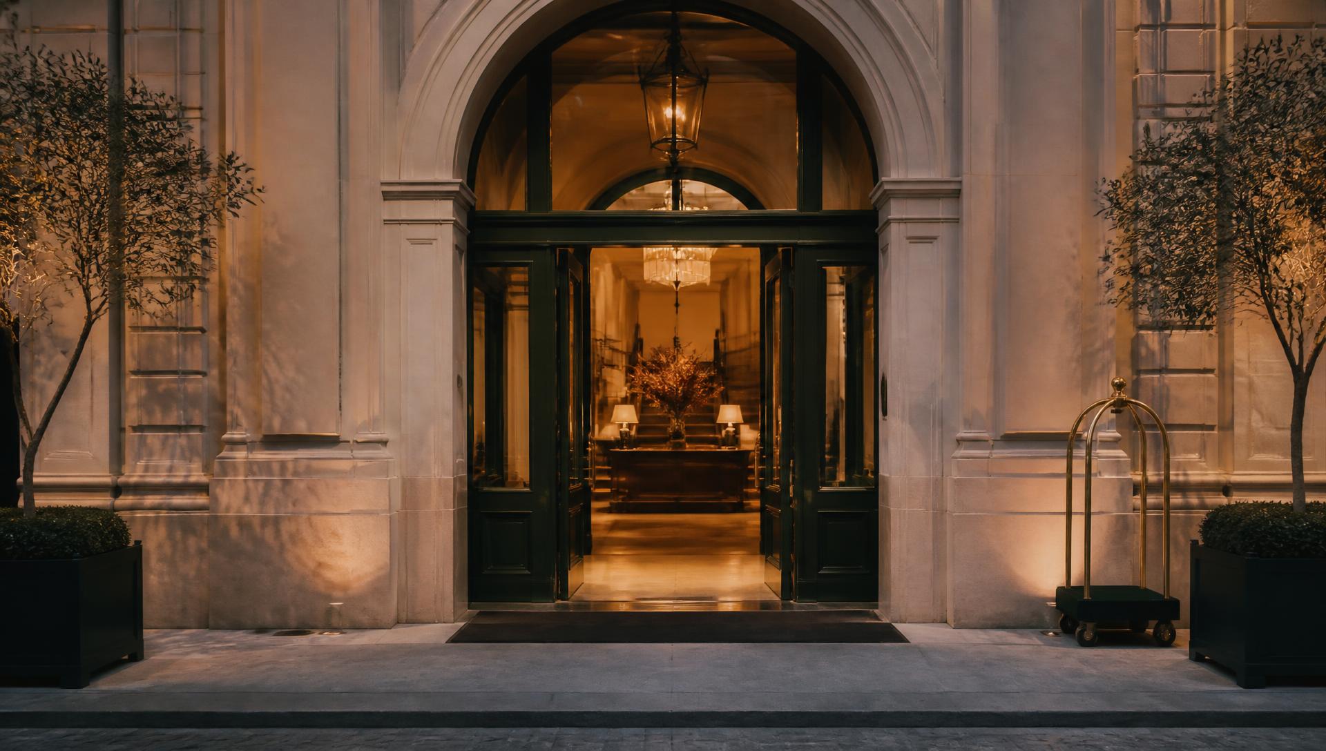 Umbral iluminado de un hotel premium al atardecer